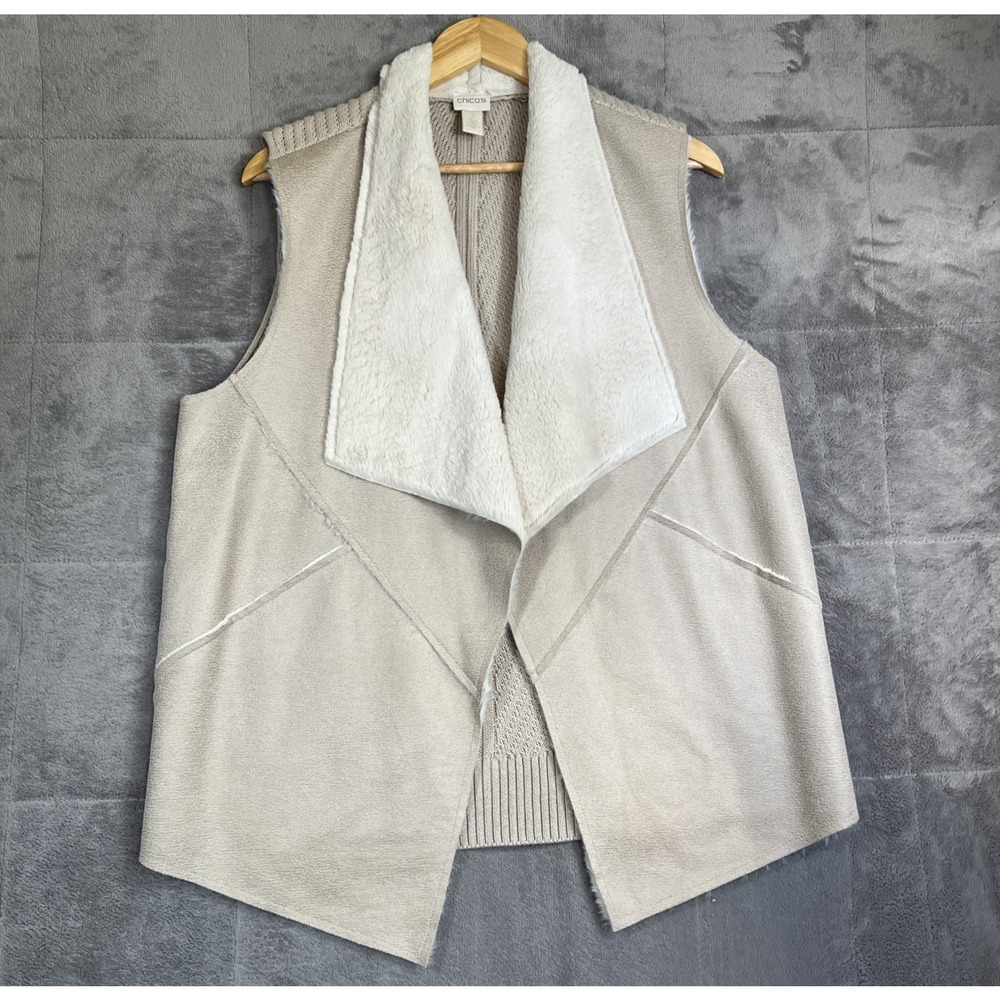 Chico’s Vest Women Large Faux Shearling Cable Knit Back Open Front Boho Festival